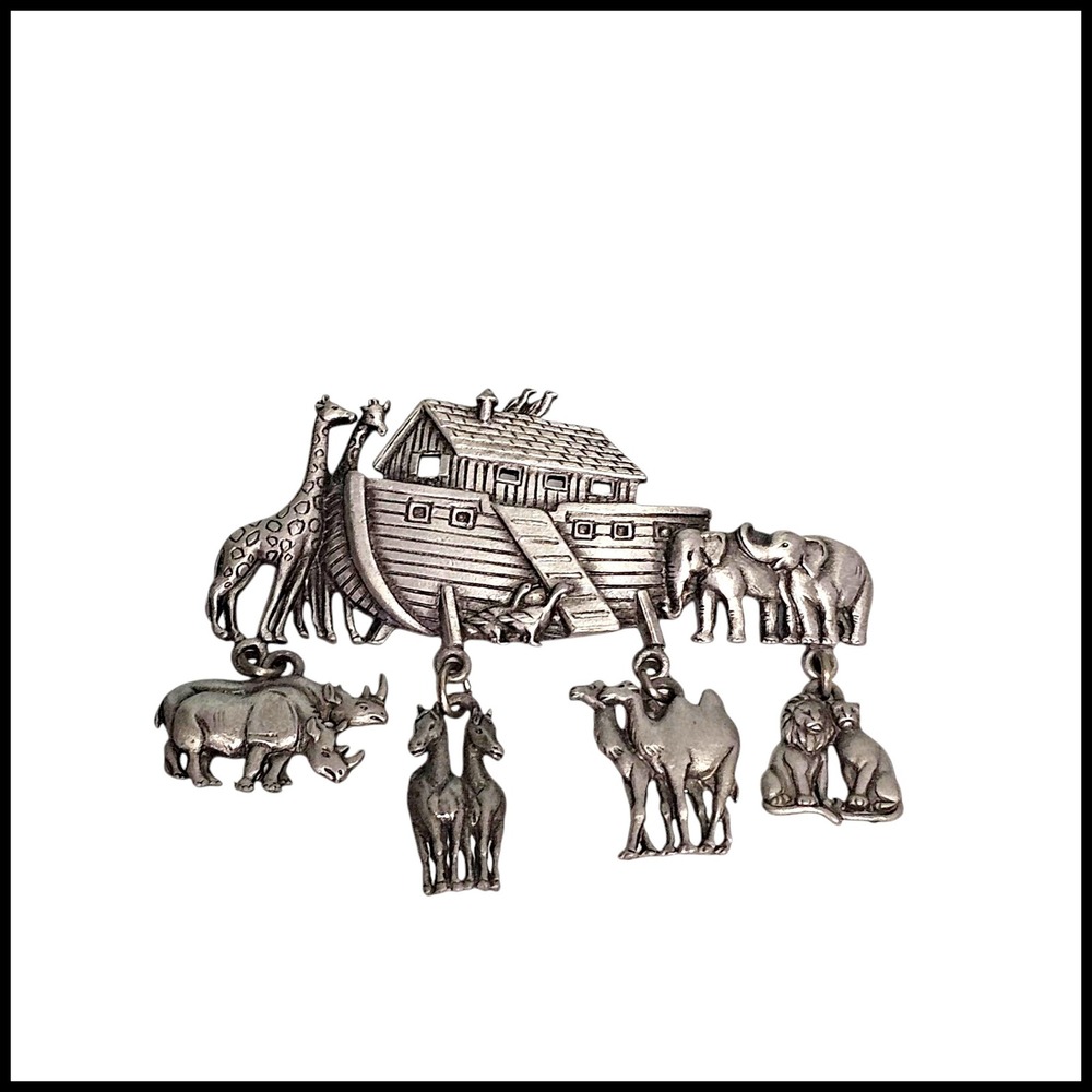JJ Noah's Ark Brooch Pin Animals Giraffe Elephant Rhino Camel Lion Vintage